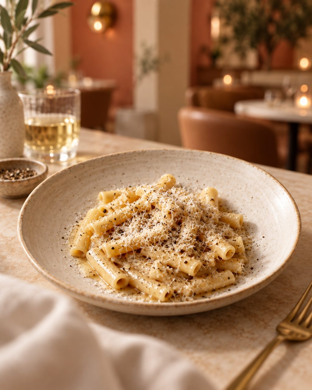 Cacio e pepe at a 45 degree angle in a warm dining room