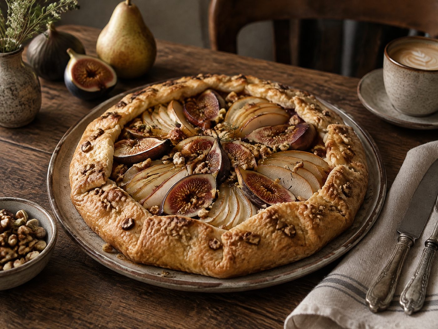 Fig and pear galette on a wooden table