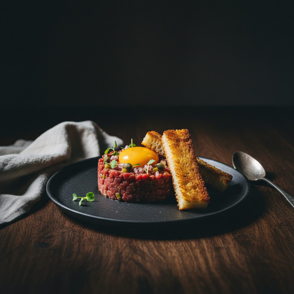 Steak tartare on a dark plate with toasted brioche