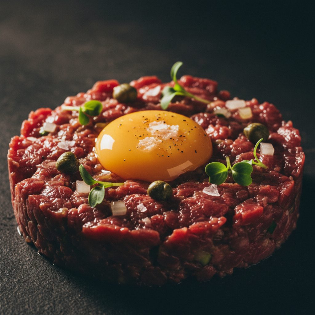 Steak tartare with a cured egg yolk, close-up